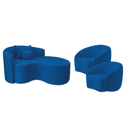 Kit Recamier Curvo Sala de Estar Inglaterra 150cm Lado Direito e 2 Poltronas Orgânica Luxo Amore Linho Azul Royal