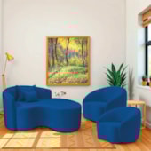 Kit Recamier Curvo Sala de Estar Inglaterra 150cm Lado Direito e 2 Poltronas Orgânica Luxo Amore Linho Azul Royal
