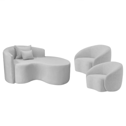 Kit Recamier Curvo Sala de Estar Inglaterra 150cm Lado Direito e 2 Poltronas Orgânica Luxo Amore Linho Cinza Claro