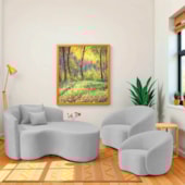 Kit Recamier Curvo Sala de Estar Inglaterra 150cm Lado Direito e 2 Poltronas Orgânica Luxo Amore Linho Cinza Claro