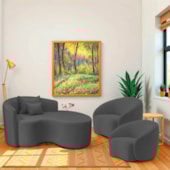 Kit Recamier Curvo Sala de Estar Inglaterra 150cm Lado Direito e 2 Poltronas Orgânica Luxo Amore Linho Cinza Escuro