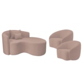 Kit Recamier Curvo Sala de Estar Inglaterra 150cm Lado Direito e 2 Poltronas Orgânica Luxo Amore Linho Rose