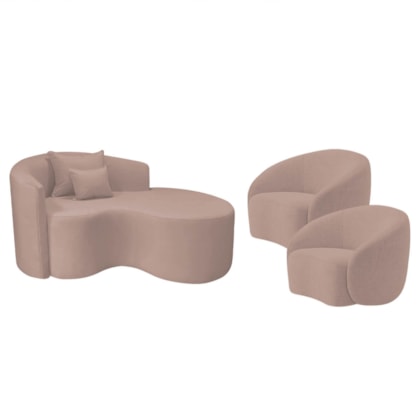 Kit Recamier Curvo Sala de Estar Inglaterra 150cm Lado Direito e 2 Poltronas Orgânica Luxo Amore Linho Rose