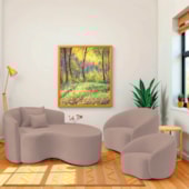 Kit Recamier Curvo Sala de Estar Inglaterra 150cm Lado Direito e 2 Poltronas Orgânica Luxo Amore Linho Rose
