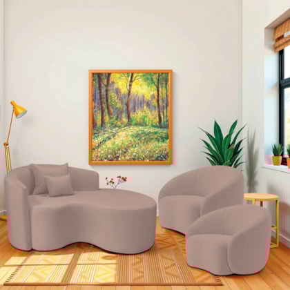 Kit Recamier Curvo Sala de Estar Inglaterra 150cm Lado Direito e 2 Poltronas Orgânica Luxo Amore Linho Rose
