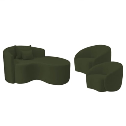 Kit Recamier Curvo Sala de Estar Inglaterra 150cm Lado Direito e 2 Poltronas Orgânica Luxo Amore Linho Verde