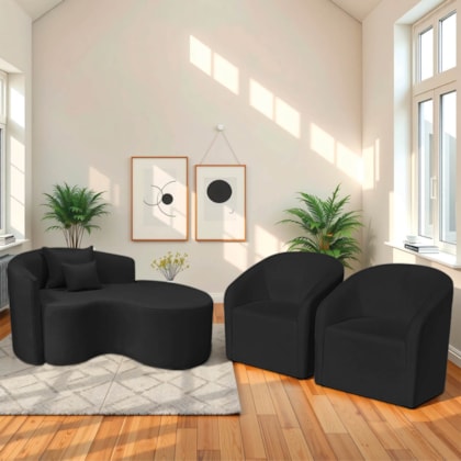 Kit Recamier Curvo Sala de Estar Inglaterra 150cm Lado Direito e 2 Poltronas Orgânica Luxo Luiza Max Bouclé Preto