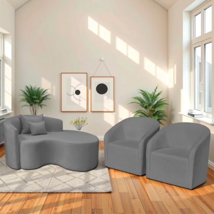Kit Recamier Curvo Sala de Estar Inglaterra 150cm Lado Direito e 2 Poltronas Orgânica Luxo Luiza Max Bouclé Cinza
