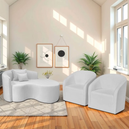 Kit Recamier Curvo Sala de Estar Inglaterra 150cm Lado Direito e 2 Poltronas Orgânica Luxo Luiza Max Bouclé Branco