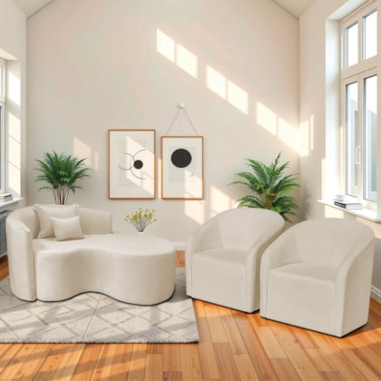 Kit Recamier Curvo Sala de Estar Inglaterra 150cm Lado Direito e 2 Poltronas Orgânica Luxo Luiza Max Bouclé Bege