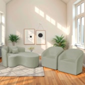 Kit Recamier Curvo Sala de Estar Inglaterra 150cm Lado Direito e 2 Poltronas Orgânica Luxo Luiza Max Bouclé Verde Oliva