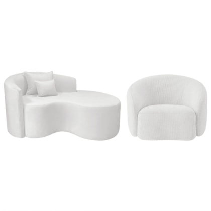 Kit Recamier Curvo Sala de Estar Inglaterra 150cm Lado Direito e Poltrona Orgânica Luxo Amore Bouclé Branco