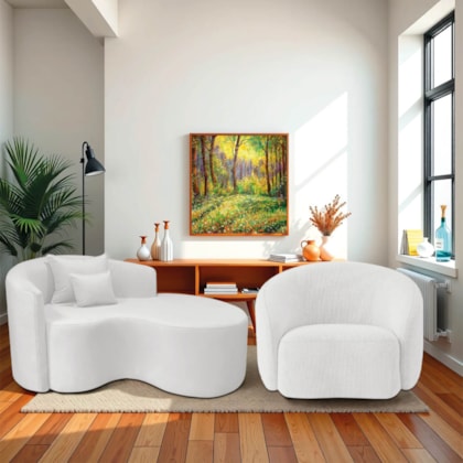 Kit Recamier Curvo Sala de Estar Inglaterra 150cm Lado Direito e Poltrona Orgânica Luxo Amore Bouclé Branco