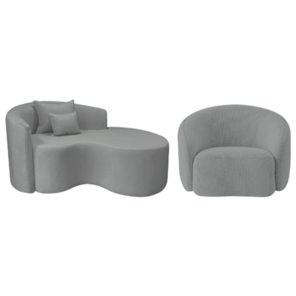 Kit Recamier Curvo Sala de Estar Inglaterra 150cm Lado Direito e Poltrona Orgânica Luxo Amore Bouclé Cinza