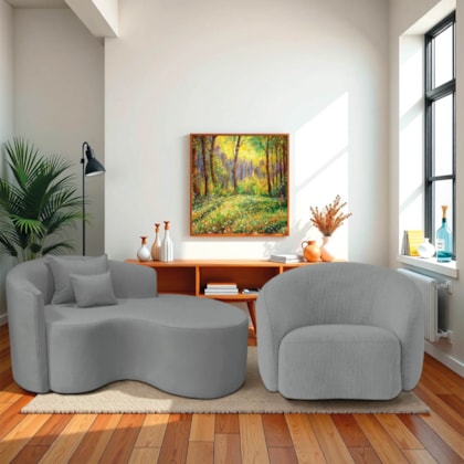Kit Recamier Curvo Sala de Estar Inglaterra 150cm Lado Direito e Poltrona Orgânica Luxo Amore Bouclé Cinza