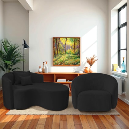 Kit Recamier Curvo Sala de Estar Inglaterra 150cm Lado Direito e Poltrona Orgânica Luxo Amore Bouclé Preto