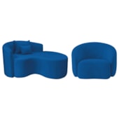 Kit Recamier Curvo Sala de Estar Inglaterra 150cm Lado Direito e Poltrona Orgânica Luxo Amore Linho Azul Royal