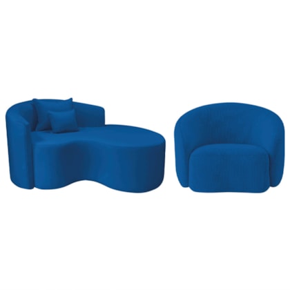 Kit Recamier Curvo Sala de Estar Inglaterra 150cm Lado Direito e Poltrona Orgânica Luxo Amore Linho Azul Royal