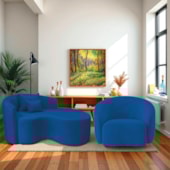 Kit Recamier Curvo Sala de Estar Inglaterra 150cm Lado Direito e Poltrona Orgânica Luxo Amore Linho Azul Royal