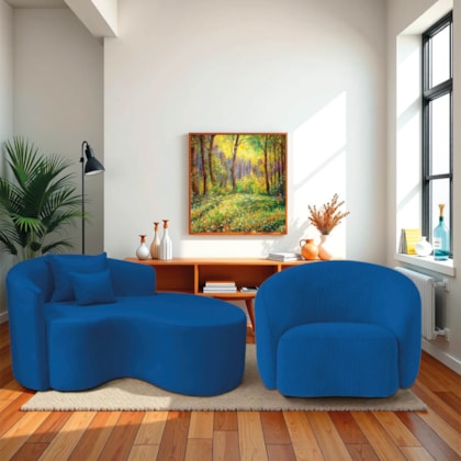 Kit Recamier Curvo Sala de Estar Inglaterra 150cm Lado Direito e Poltrona Orgânica Luxo Amore Linho Azul Royal