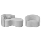 Kit Recamier Curvo Sala de Estar Inglaterra 150cm Lado Direito e Poltrona Orgânica Luxo Amore Linho Cinza Claro