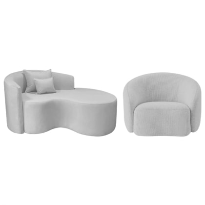 Kit Recamier Curvo Sala de Estar Inglaterra 150cm Lado Direito e Poltrona Orgânica Luxo Amore Linho Cinza Claro