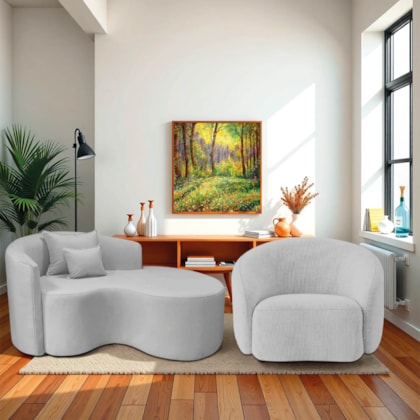 Kit Recamier Curvo Sala de Estar Inglaterra 150cm Lado Direito e Poltrona Orgânica Luxo Amore Linho Cinza Claro