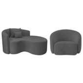 Kit Recamier Curvo Sala de Estar Inglaterra 150cm Lado Direito e Poltrona Orgânica Luxo Amore Linho Cinza Escuro