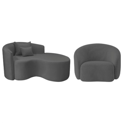 Kit Recamier Curvo Sala de Estar Inglaterra 150cm Lado Direito e Poltrona Orgânica Luxo Amore Linho Cinza Escuro
