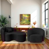 Kit Recamier Curvo Sala de Estar Inglaterra 150cm Lado Direito e Poltrona Orgânica Luxo Amore Linho Preto