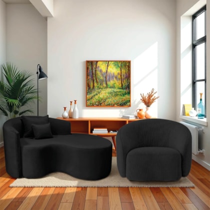 Kit Recamier Curvo Sala de Estar Inglaterra 150cm Lado Direito e Poltrona Orgânica Luxo Amore Linho Preto