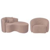 Kit Recamier Curvo Sala de Estar Inglaterra 150cm Lado Direito e Poltrona Orgânica Luxo Amore Linho Rose