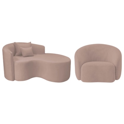 Kit Recamier Curvo Sala de Estar Inglaterra 150cm Lado Direito e Poltrona Orgânica Luxo Amore Linho Rose