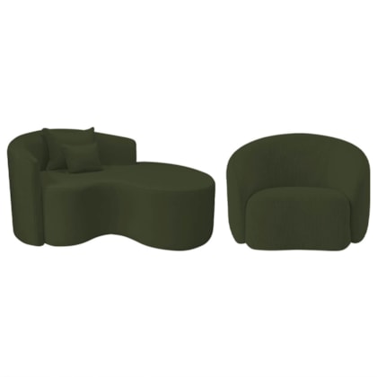 Kit Recamier Curvo Sala de Estar Inglaterra 150cm Lado Direito e Poltrona Orgânica Luxo Amore Linho Verde