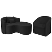 Kit Recamier Curvo Sala de Estar Inglaterra 150cm Lado Direito e Poltrona Orgânica Luxo Luiza Max Bouclé Preto