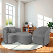 Kit Recamier Curvo Sala de Estar Inglaterra 150cm Lado Direito e Poltrona Orgânica Luxo Luiza Max Bouclé Cinza