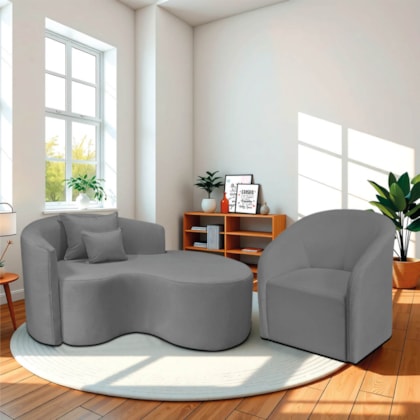 Kit Recamier Curvo Sala de Estar Inglaterra 150cm Lado Direito e Poltrona Orgânica Luxo Luiza Max Bouclé Cinza