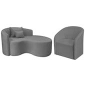 Kit Recamier Curvo Sala de Estar Inglaterra 150cm Lado Direito e Poltrona Orgânica Luxo Luiza Max Bouclé Cinza