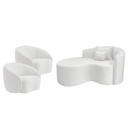 Kit Recamier Curvo Sala de Estar Inglaterra 150cm Lado Esquerdo e 2 Poltronas Orgânica Luxo Amore Bouclé Branco
