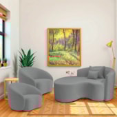 Kit Recamier Curvo Sala de Estar Inglaterra 150cm Lado Esquerdo e 2 Poltronas Orgânica Luxo Amore Bouclé Cinza