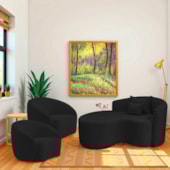 Kit Recamier Curvo Sala de Estar Inglaterra 150cm Lado Esquerdo e 2 Poltronas Orgânica Luxo Amore Bouclé Preto