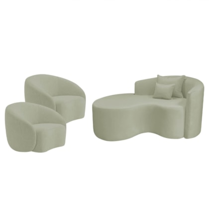 Kit Recamier Curvo Sala de Estar Inglaterra 150cm Lado Esquerdo e 2 Poltronas Orgânica Luxo Amore Bouclé Verde Oliva