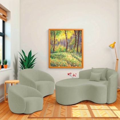 Kit Recamier Curvo Sala de Estar Inglaterra 150cm Lado Esquerdo e 2 Poltronas Orgânica Luxo Amore Bouclé Verde Oliva