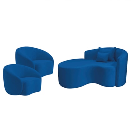 Kit Recamier Curvo Sala de Estar Inglaterra 150cm Lado Esquerdo e 2 Poltronas Orgânica Luxo Amore Linho Azul Royal