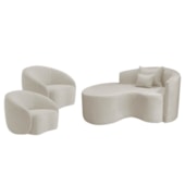 Kit Recamier Curvo Sala de Estar Inglaterra 150cm Lado Esquerdo e 2 Poltronas Orgânica Luxo Amore Linho Bege