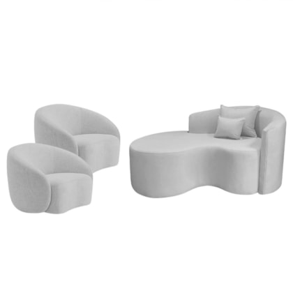 Kit Recamier Curvo Sala de Estar Inglaterra 150cm Lado Esquerdo e 2 Poltronas Orgânica Luxo Amore Linho Cinza Claro