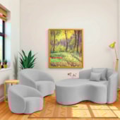 Kit Recamier Curvo Sala de Estar Inglaterra 150cm Lado Esquerdo e 2 Poltronas Orgânica Luxo Amore Linho Cinza Claro