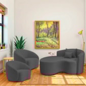 Kit Recamier Curvo Sala de Estar Inglaterra 150cm Lado Esquerdo e 2 Poltronas Orgânica Luxo Amore Linho Cinza Escuro