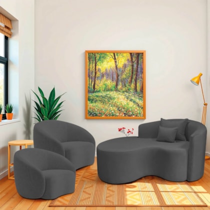 Kit Recamier Curvo Sala de Estar Inglaterra 150cm Lado Esquerdo e 2 Poltronas Orgânica Luxo Amore Linho Cinza Escuro
