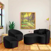 Kit Recamier Curvo Sala de Estar Inglaterra 150cm Lado Esquerdo e 2 Poltronas Orgânica Luxo Amore Linho Preto